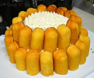 two tiered twinkie cake with cream frosting center