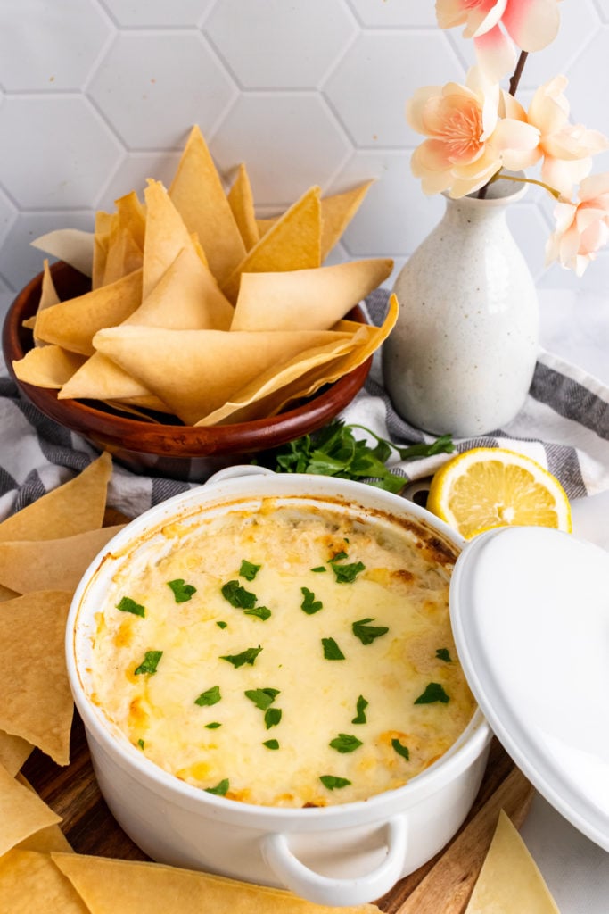 crab rangoon dip in a white bowl