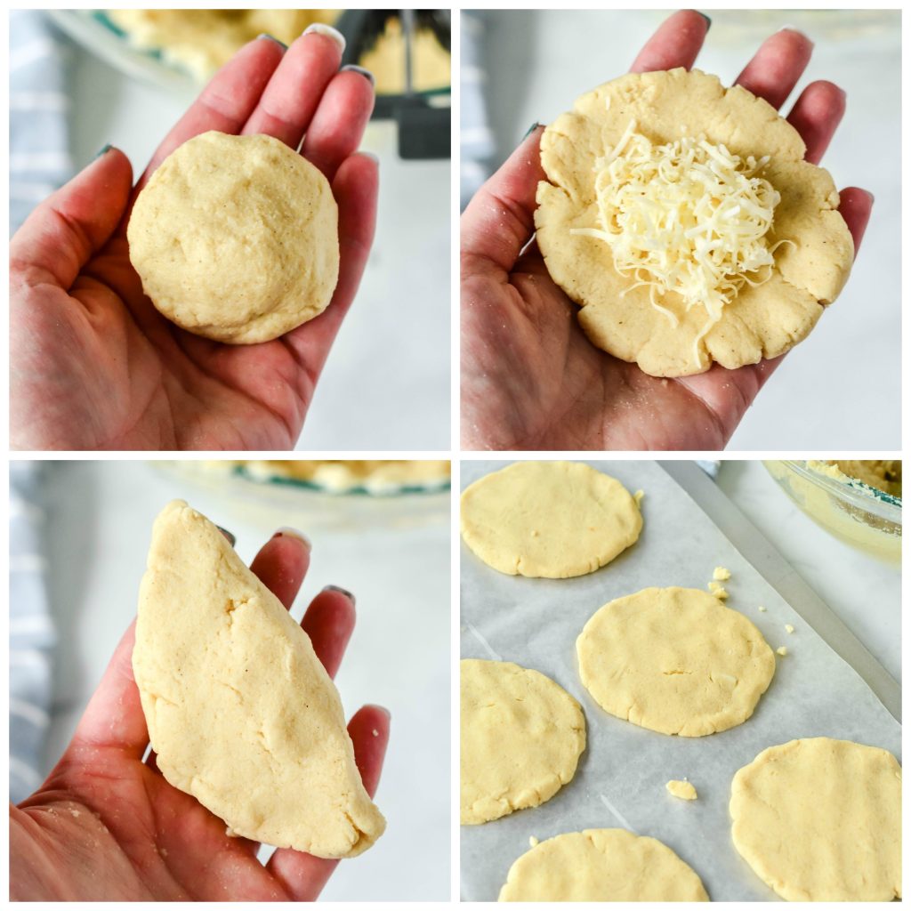 a collage of four photos showing pupusas being assembled
