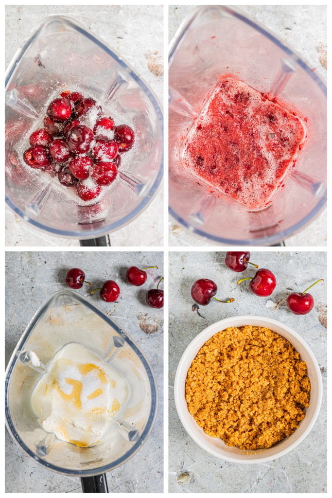 a four image collage showing the making of cherry cheesecake popsicles filling