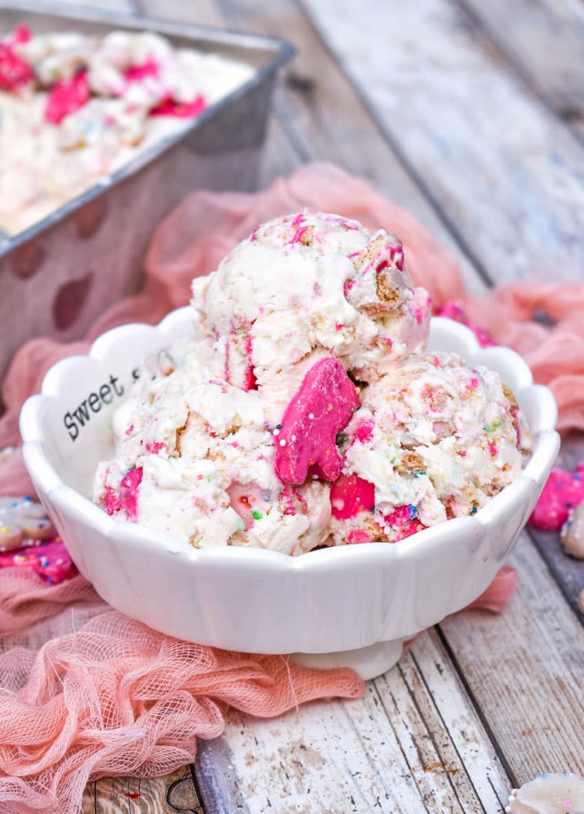 circus animal cookie ice cream in a white candy dish