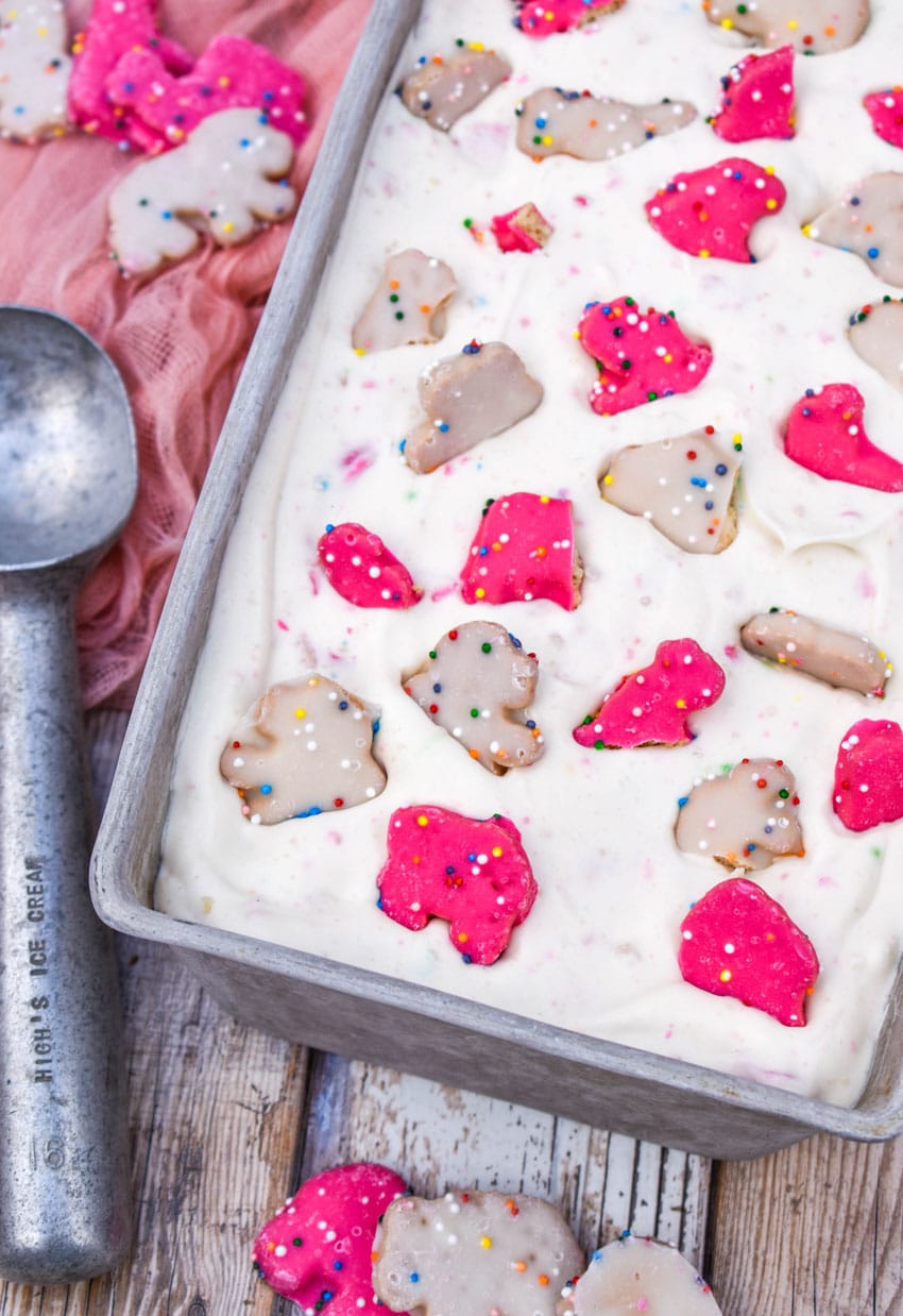 circus animal cookie ice cream in a metal loaf pan
