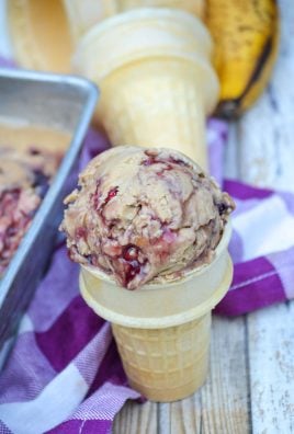 peanut butter and jelly banana ice cream in a sugar cone