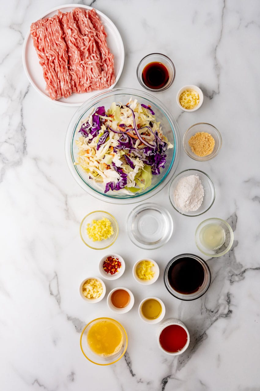 an overhead image showing the measured ingredients needed to make a batch of homemade egg rolls