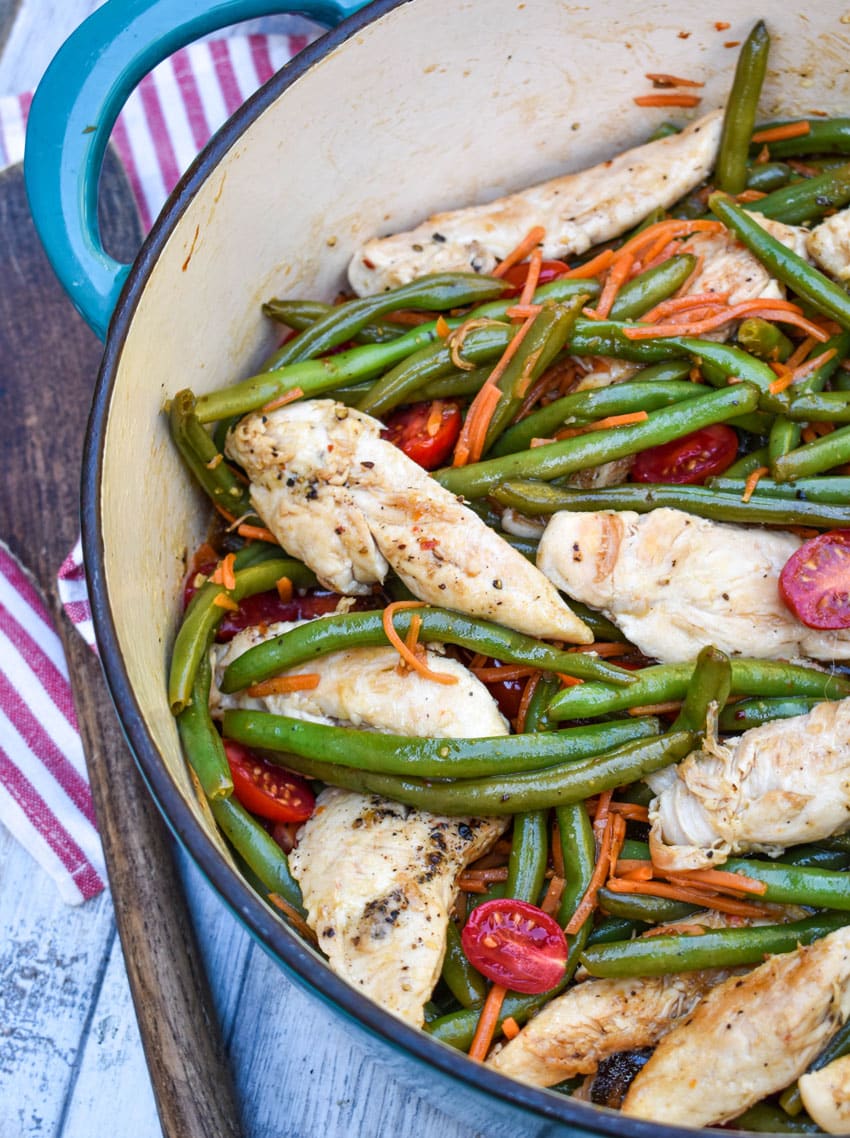 balsamic chicken and veggies in a large Dutch oven