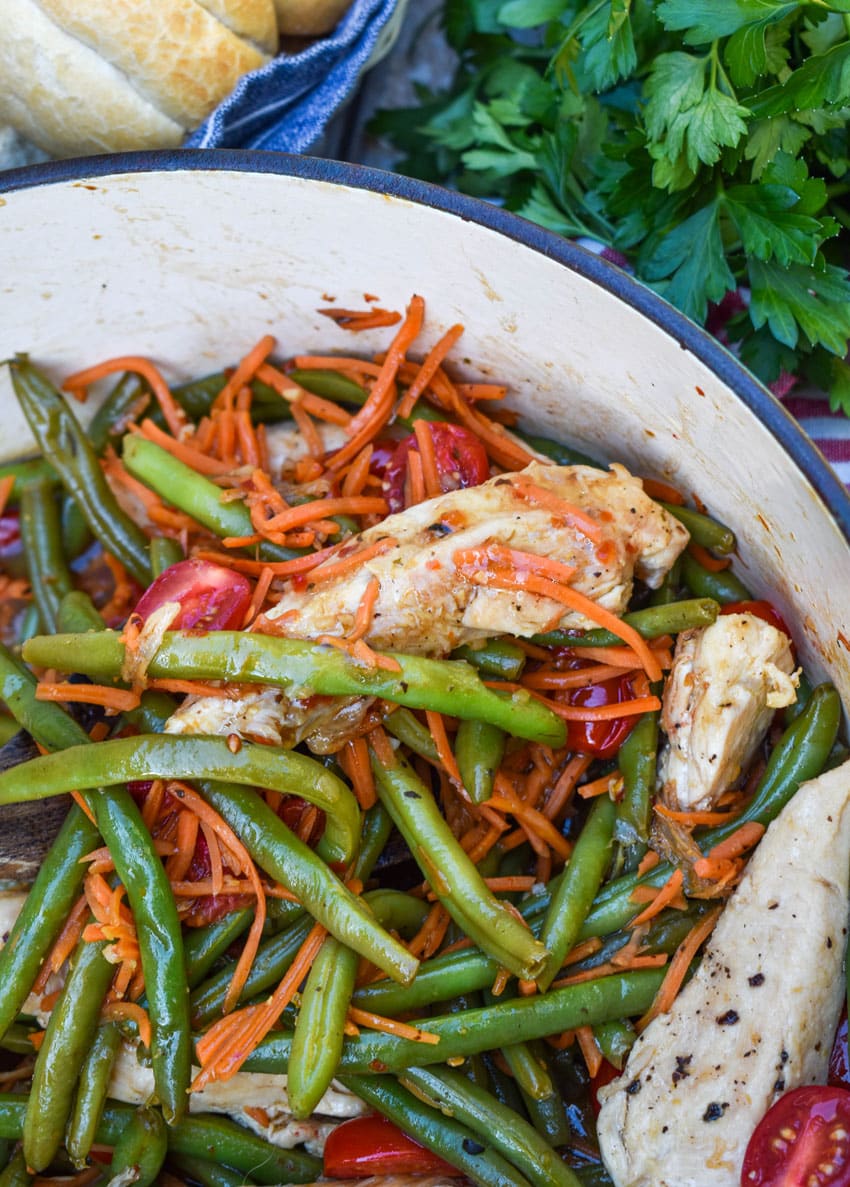 balsamic chicken and veggies in a large Dutch oven