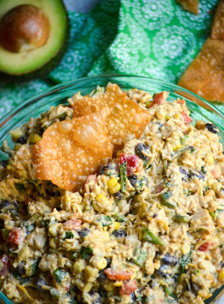 Southwestern egg roll dip in a glass bowl