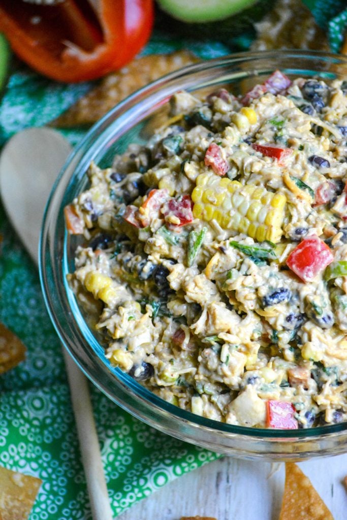 Southwestern egg roll dip in a glass bowl