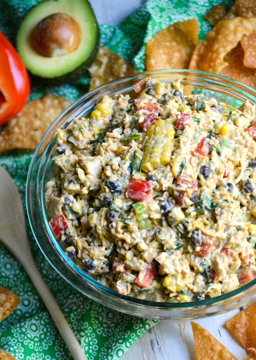 Southwestern egg roll dip in a glass bowl