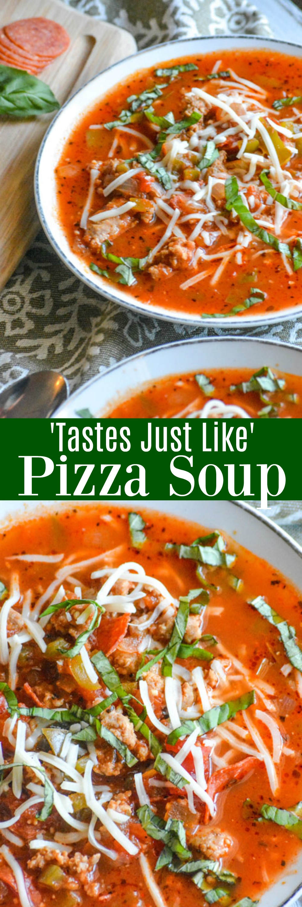 Calling all pizza lovers! Don't have dough or the time to make it, but craving a good supreme pizza for dinner? With all your favorite toppings, and the convenience of being made all in one pot-- 'Tastes Just Like' Pizza Soup is the hearty meal that fits the bill.