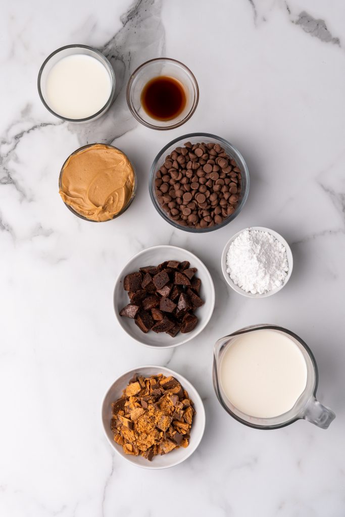 an overhead image showing the measured ingredients needed for butterfinger trifles