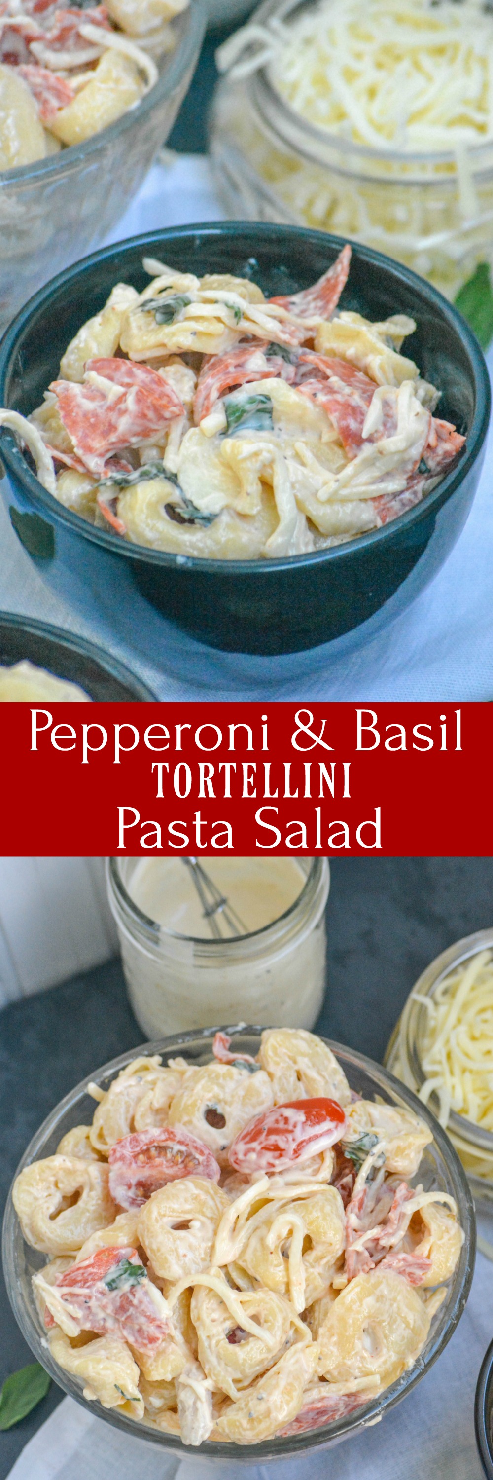 If you grew up in the South pasta salad was and still is a staple, but it typically just involves plain pasta and some sort o mayonnaise base. Shake things up with this fun new twist- Pepperoni & Basil Tortellini Salad, in a creamy Caesar dressing with sliced sweet grape tomatoes too.