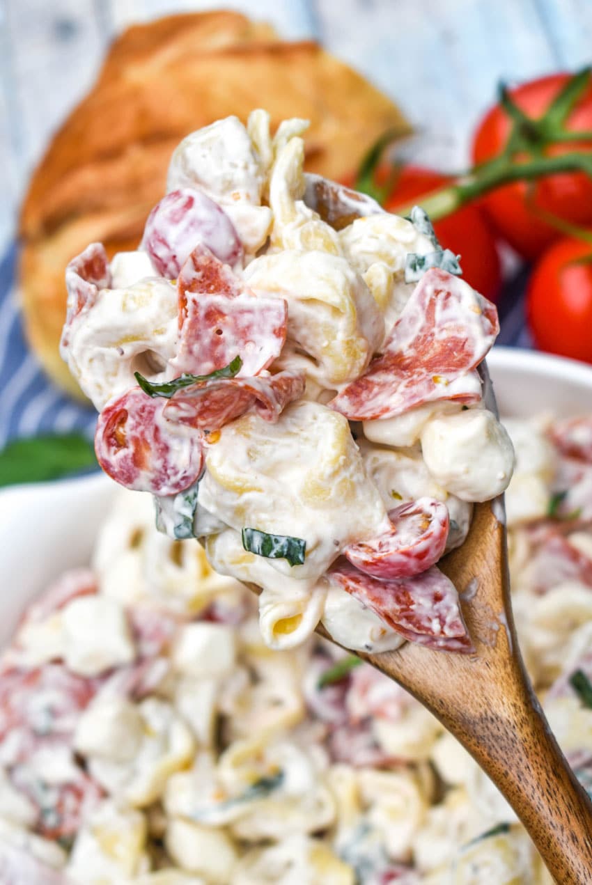 a wooden spoon holding up a scoop of pepperoni basil tortellini pasta salad