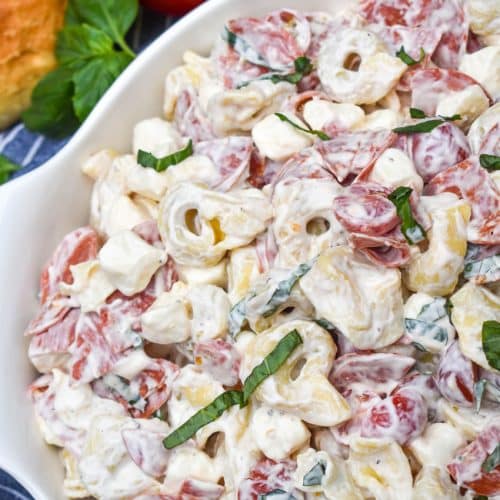 pepperoni basil tortellini salad in a large white serving bowl