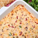 hot pimento cheese dip in a white baking dish