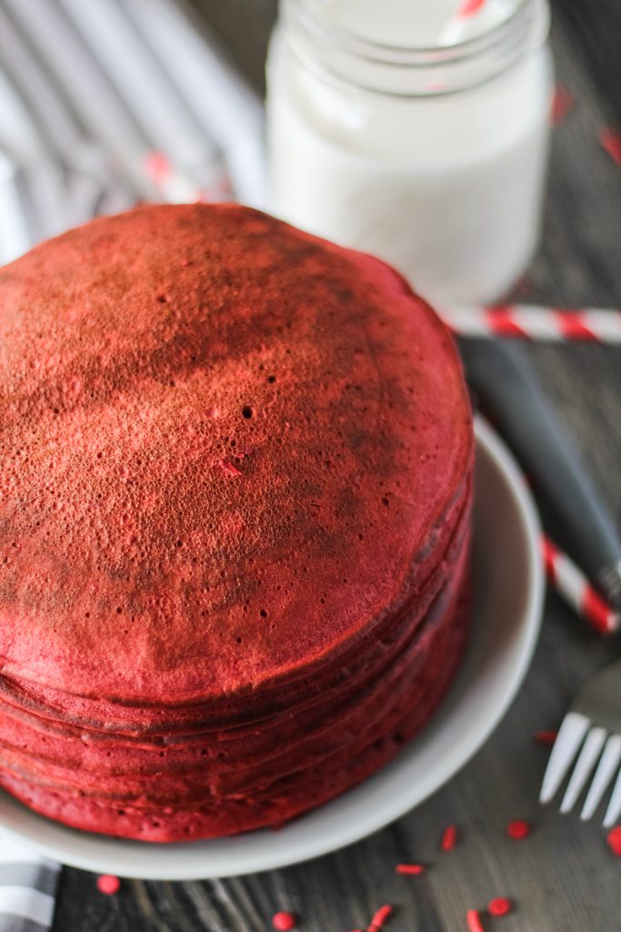 a stack of plain red velvet pancakes