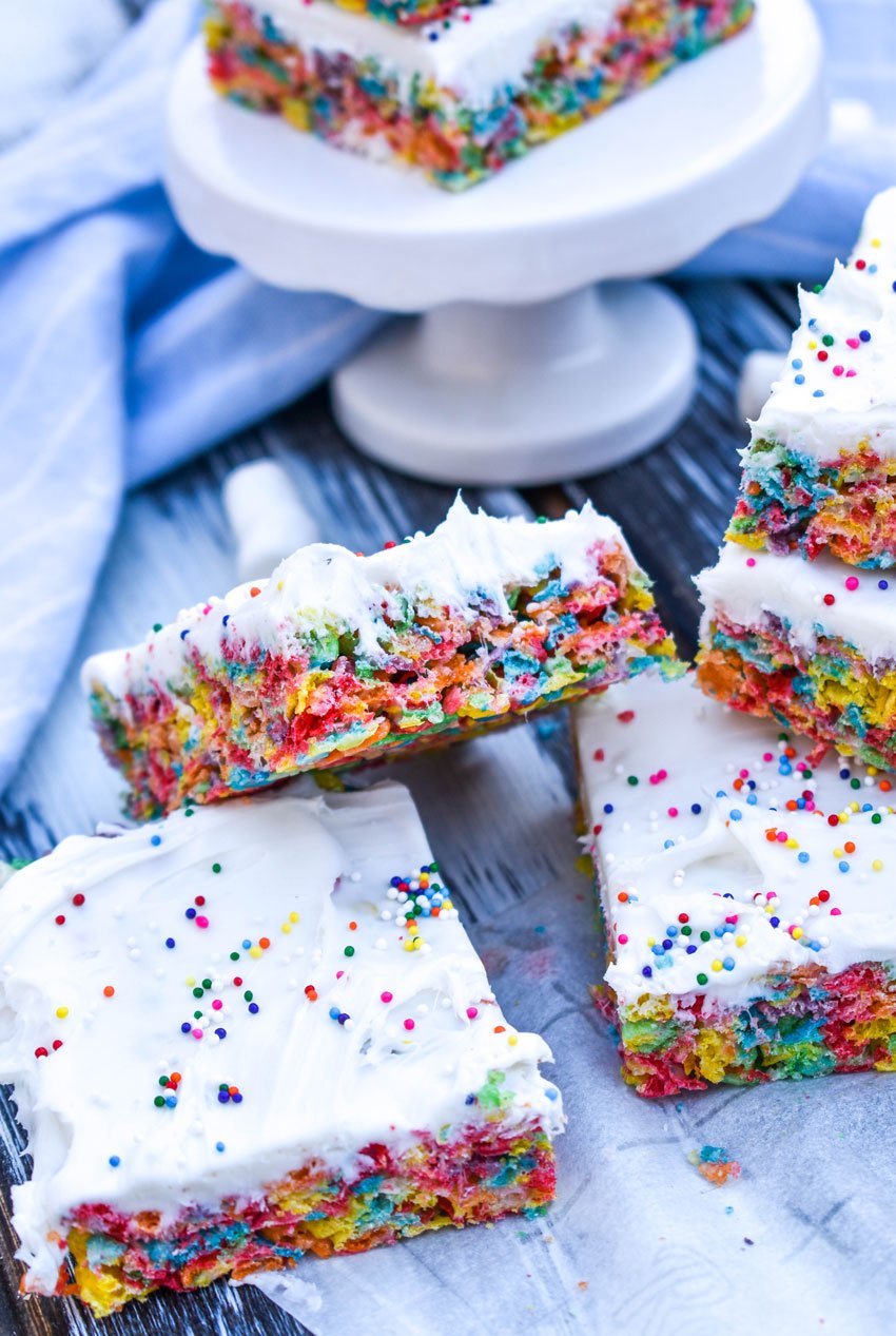 cut squares of frosted marshmallow cereal treats