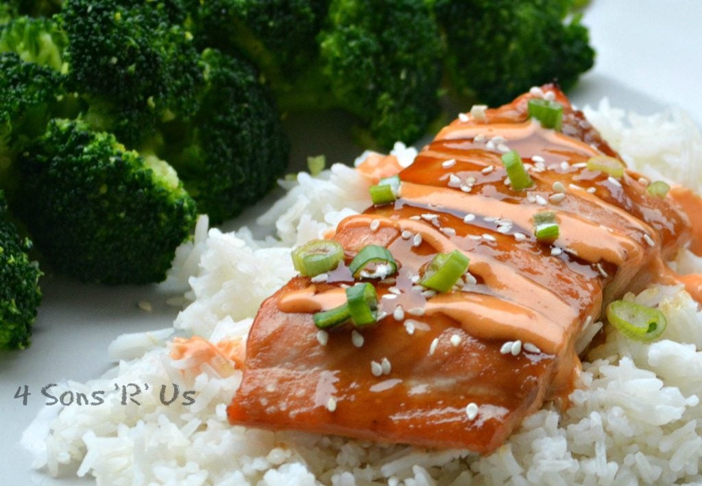 Baked Teriyaki Salmon with A Sriracha Cream Drizzle