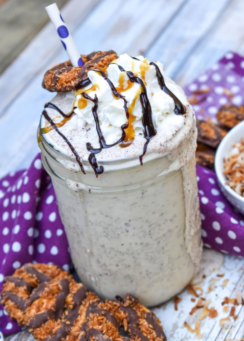a samoa cookie milkshake on a wooden table