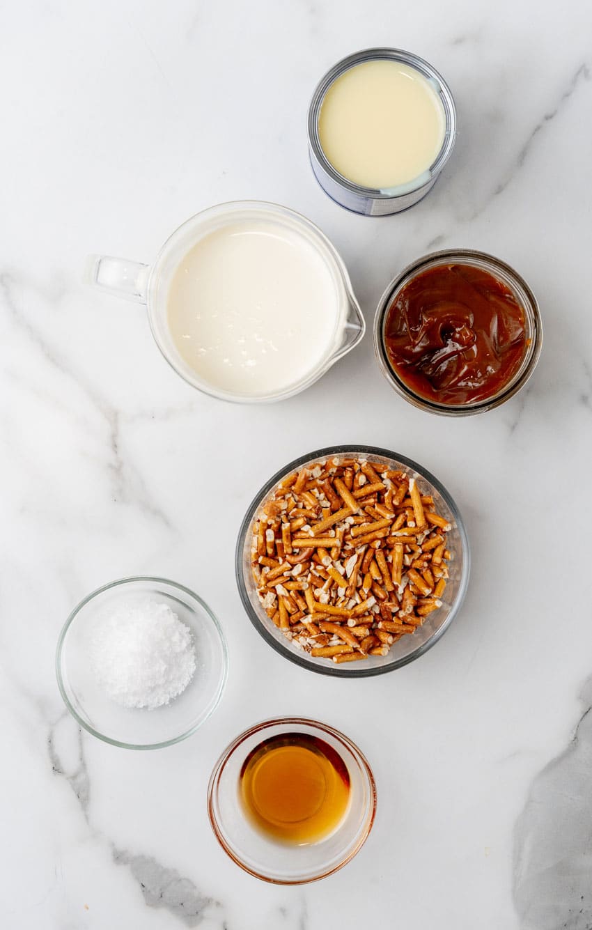 an overhead image showing the measured ingredients needed to make a batch of salted caramel pretzel ice cream