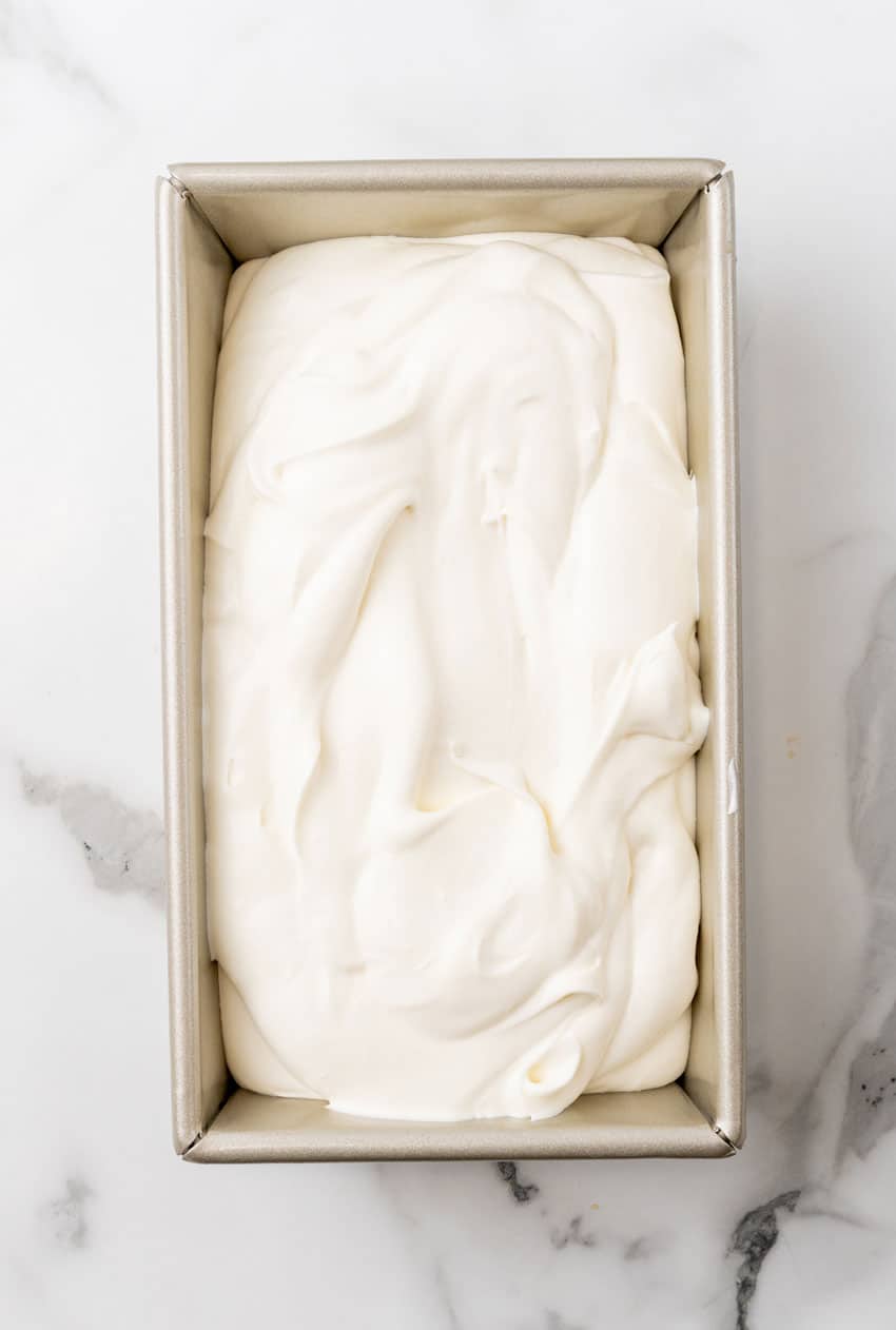 no churn ice cream base in a metal loaf pan