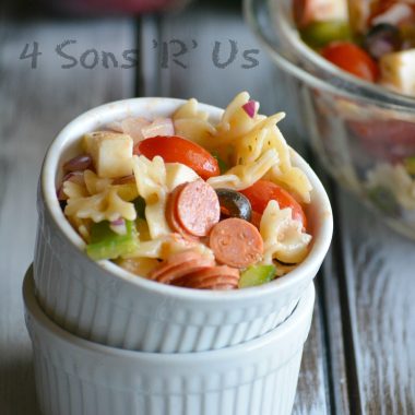 pizza pasta salad in a small white ramekin