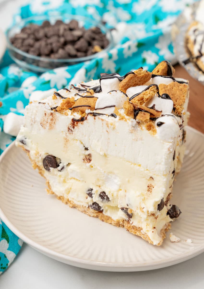 a slice of s'mores ice cream pie on a small white dessert plate
