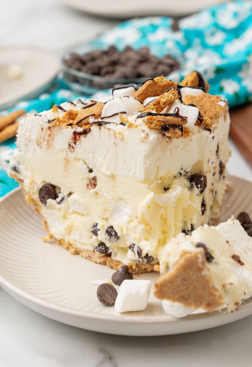 a slice of s'mores ice cream pie on a small white dessert plate