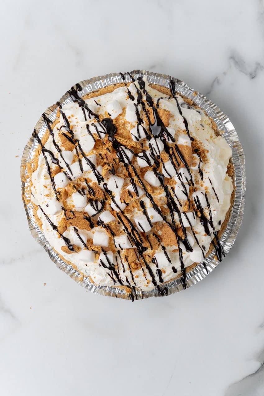 an overhead image of a s'mores ice cream pie