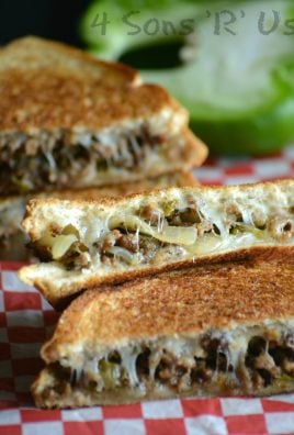 A STACK OF GROUND BEEF PHILLY CHEESESTEAK GRILLED CHEESES