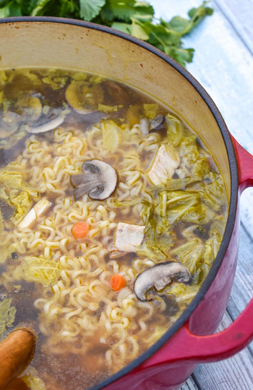 Asian chicken noodle soup in a large red dutch oven