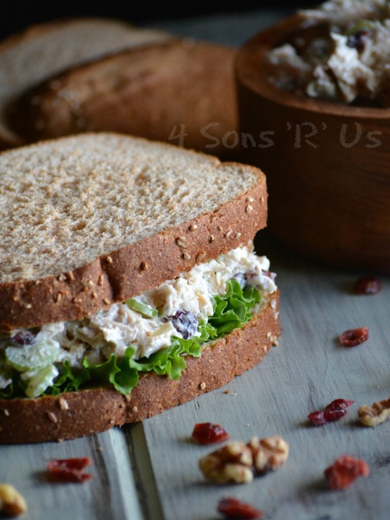 Cranberry Walnut Chicken Salad and leaf lettuce sandwiched between two fluffy slices of honey wheat bread on a green background