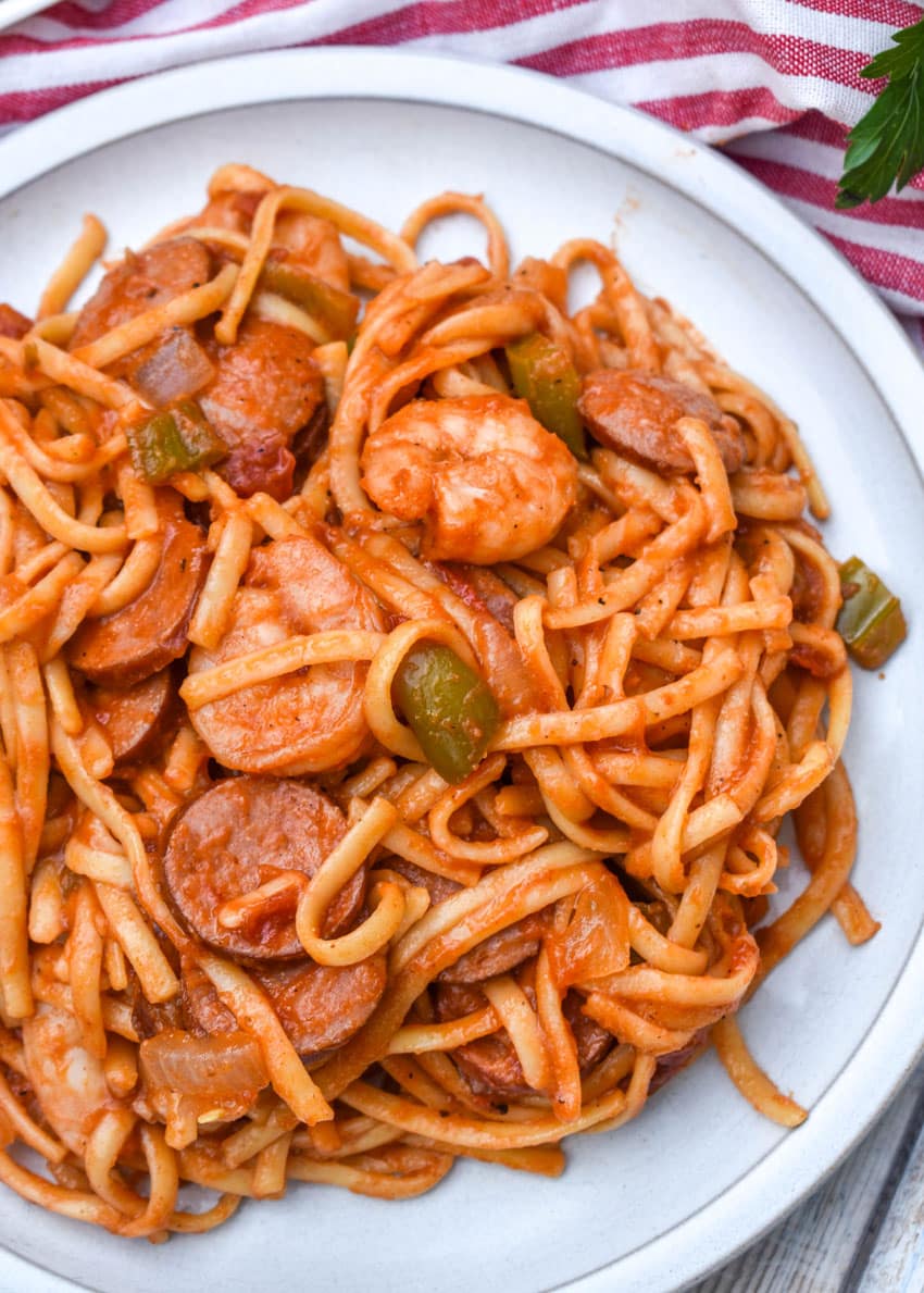 one pot jambalaya pasta on a white plate