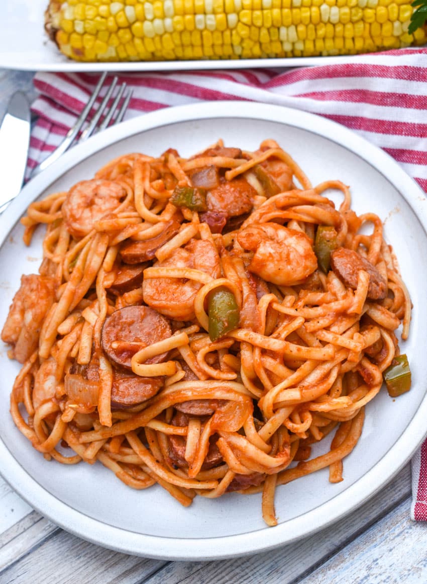 one pot jambalaya pasta on a white plate