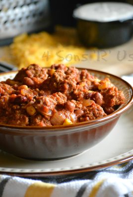 leftover meatloaf chili in a brown bowl