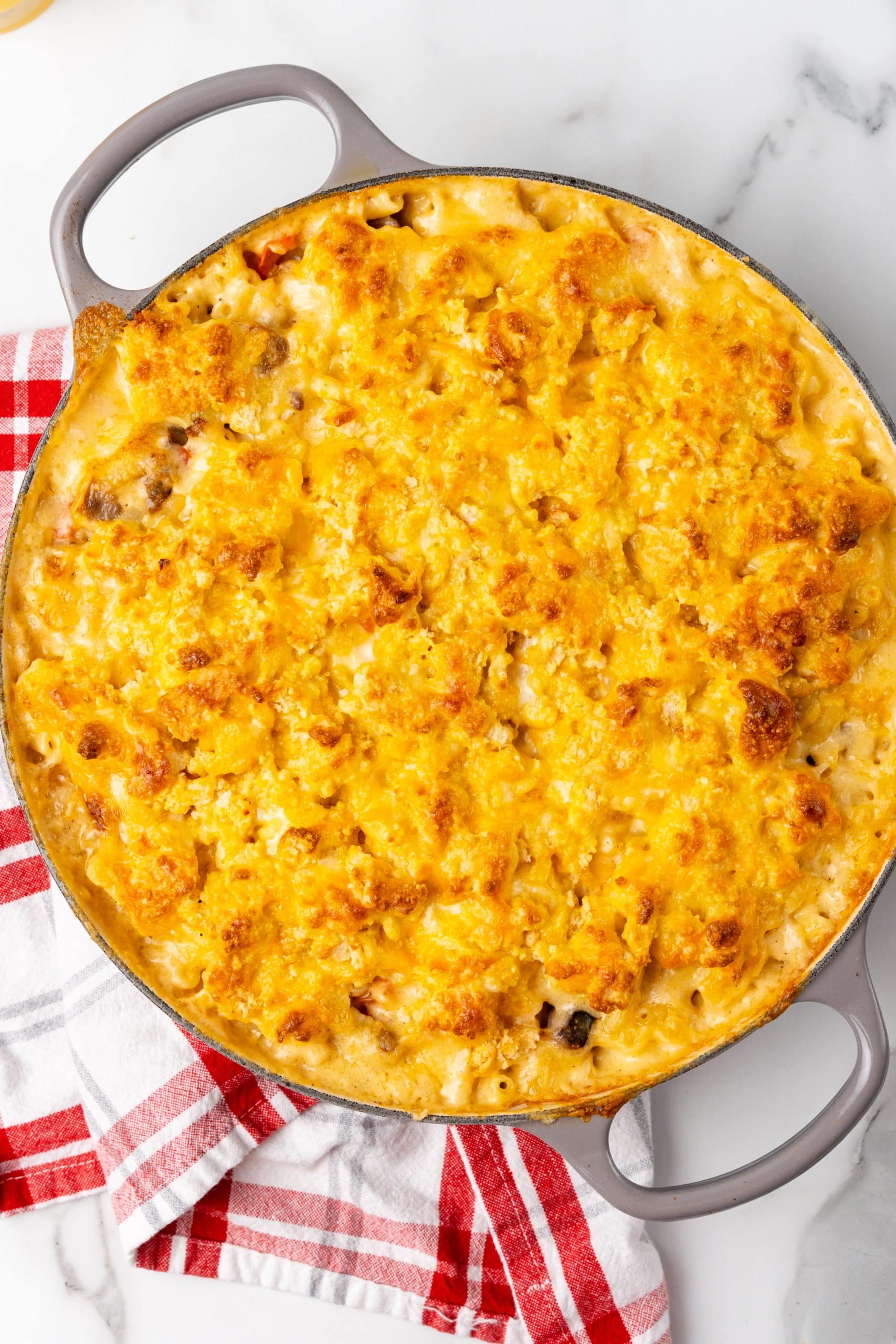 baked breakfast mac and cheese in a large skillet