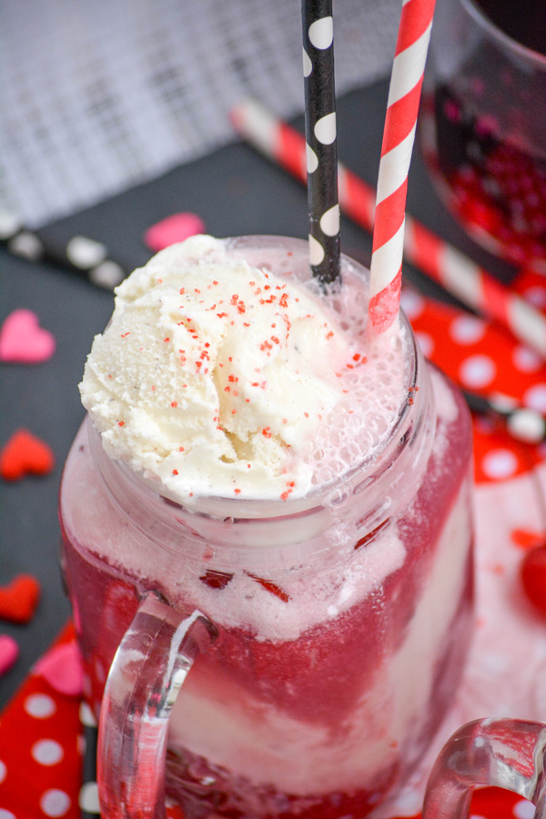 Red Wine Ice Cream Floats served in glass jars with paper straws