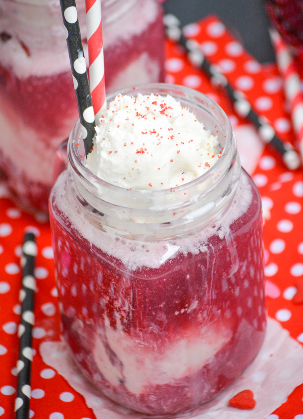 Red Wine Ice Cream Floats served in glass jars with paper straws