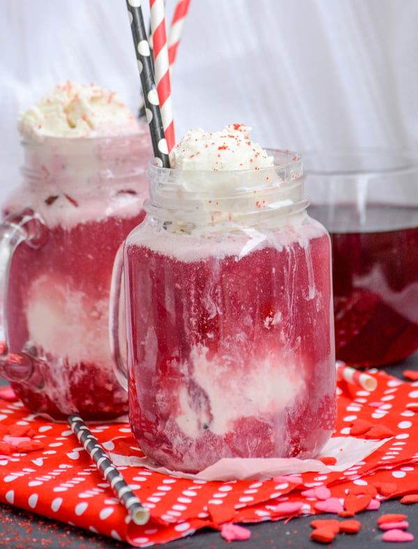 Red Wine Ice Cream Floats served in glass jars with paper straws