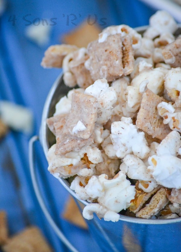 cinnamon toast crunch popcorn in a silver pail