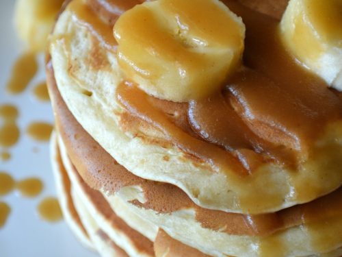 Banana Pancakes with Peanut Butter Syrup - 4 Sons 'R' Us