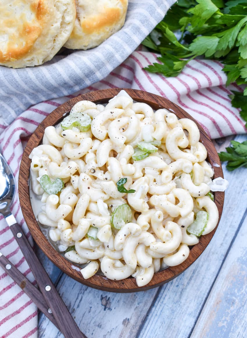 aunt gert's sweet macaroni salad in a wooden bowl