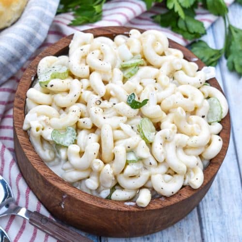 aunt gert's sweet macaroni salad in a wooden bowl
