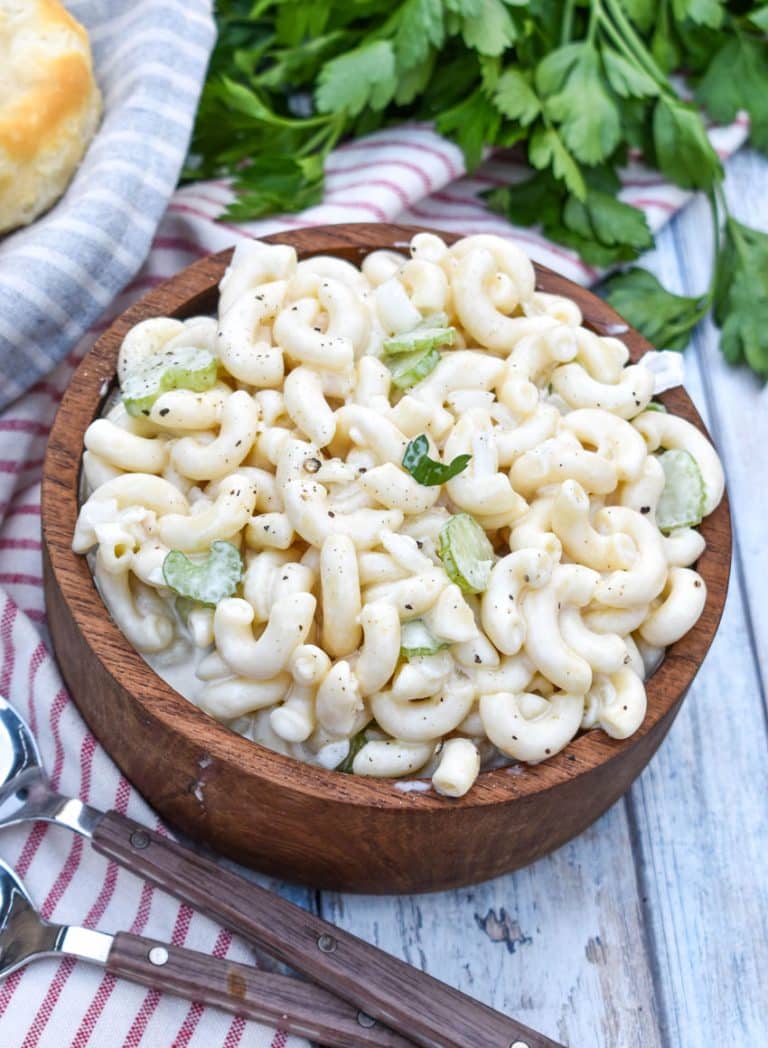 aunt gert's sweet macaroni salad in a wooden bowl