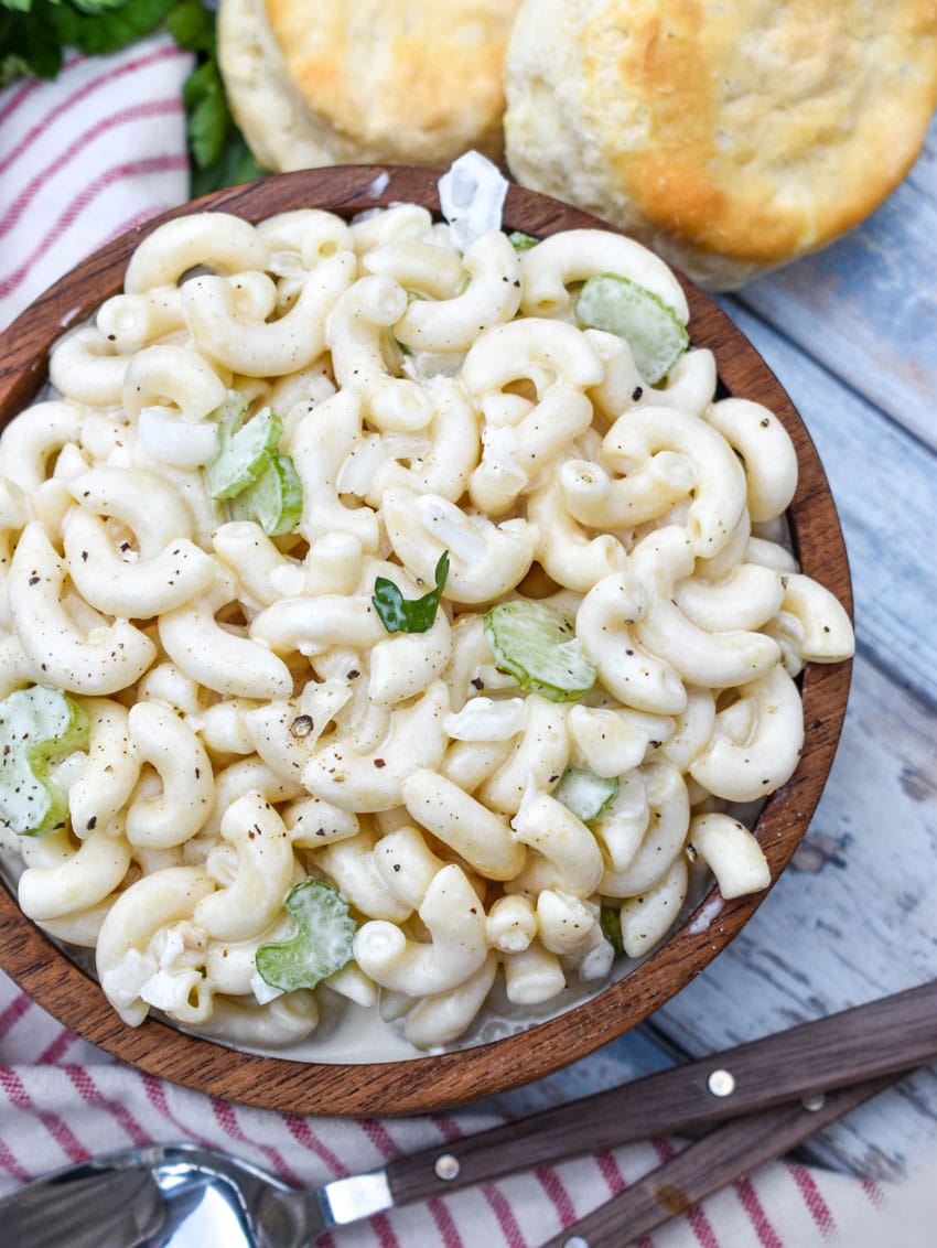 aunt gert's sweet macaroni salad in a wooden bowl