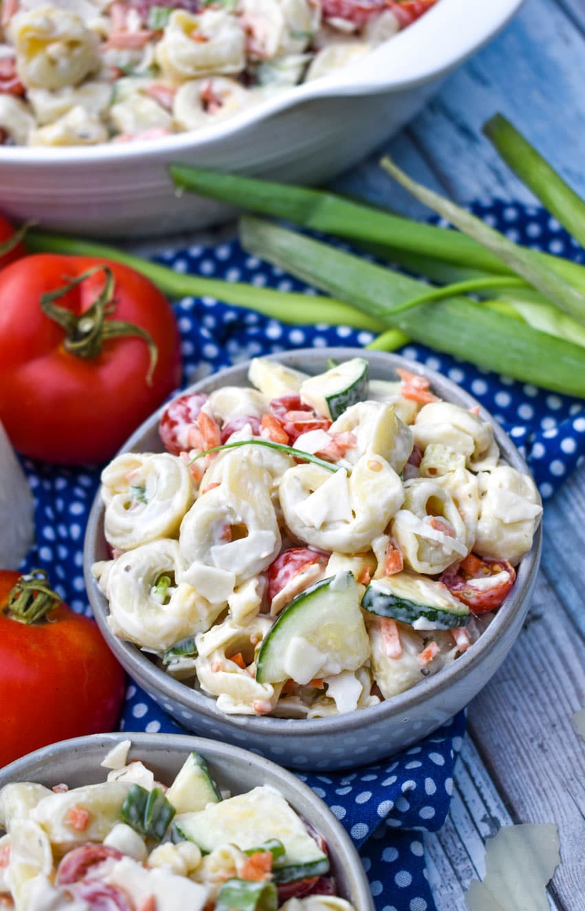 summertime tortellini salad in two small gray bowls