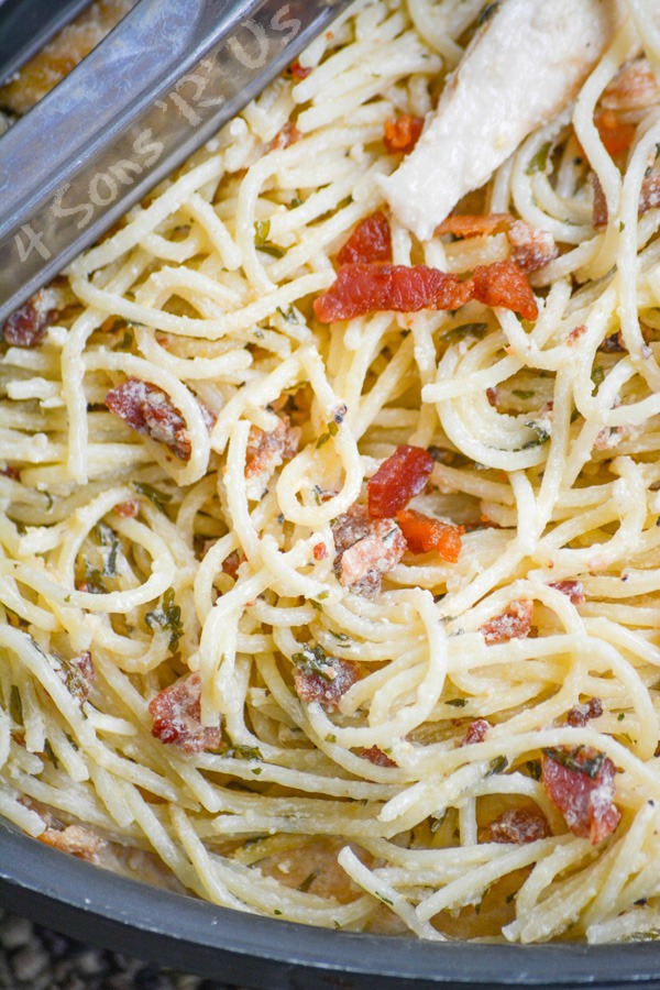 chicken bacon caesar pasta in a black skillet