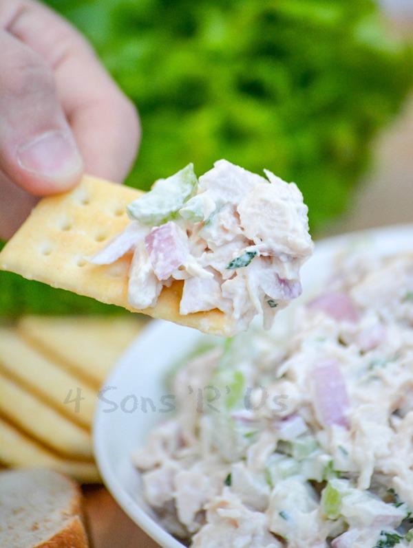 a hand holding a cracker aloft with a scoop of chopped lemon tarragon chicken salad on it