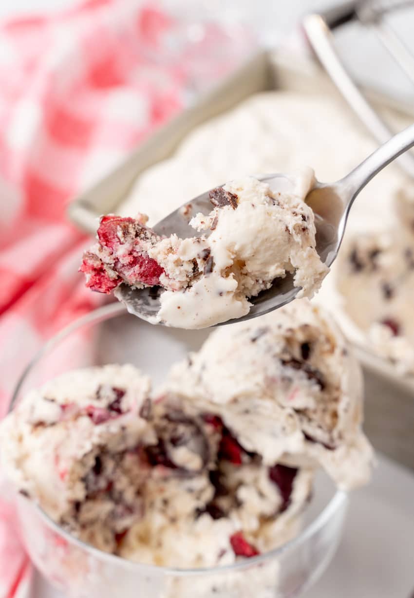 a silver spoon holding up a scoop of homemade ben and jerry's cherry garcia ice cream