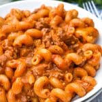 beefy chili mac on a white plate